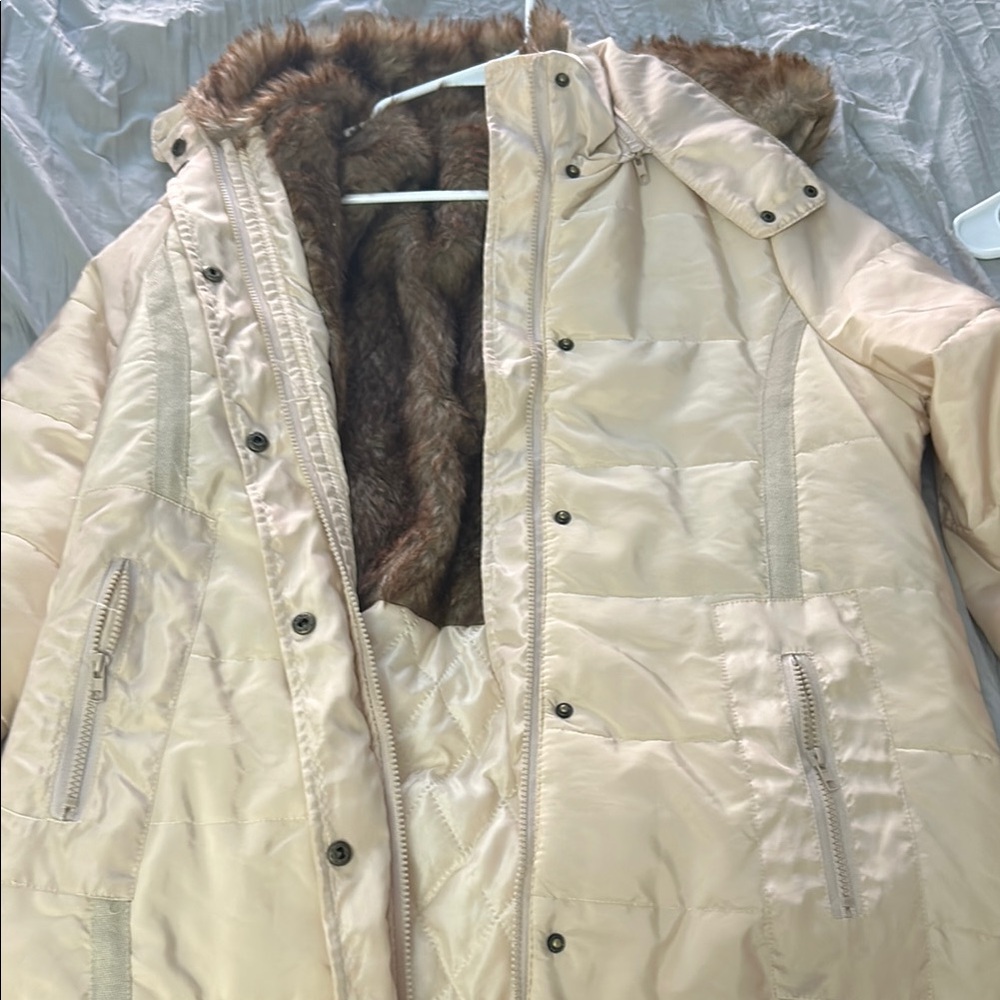 Cream and Brown Puffer Jacket with Fur-Trimmed Hood